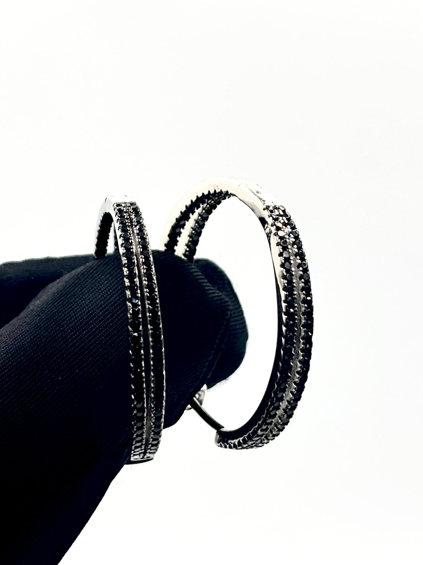 Double-Row Black Spinel Hoop Earrings in Sterling Silver