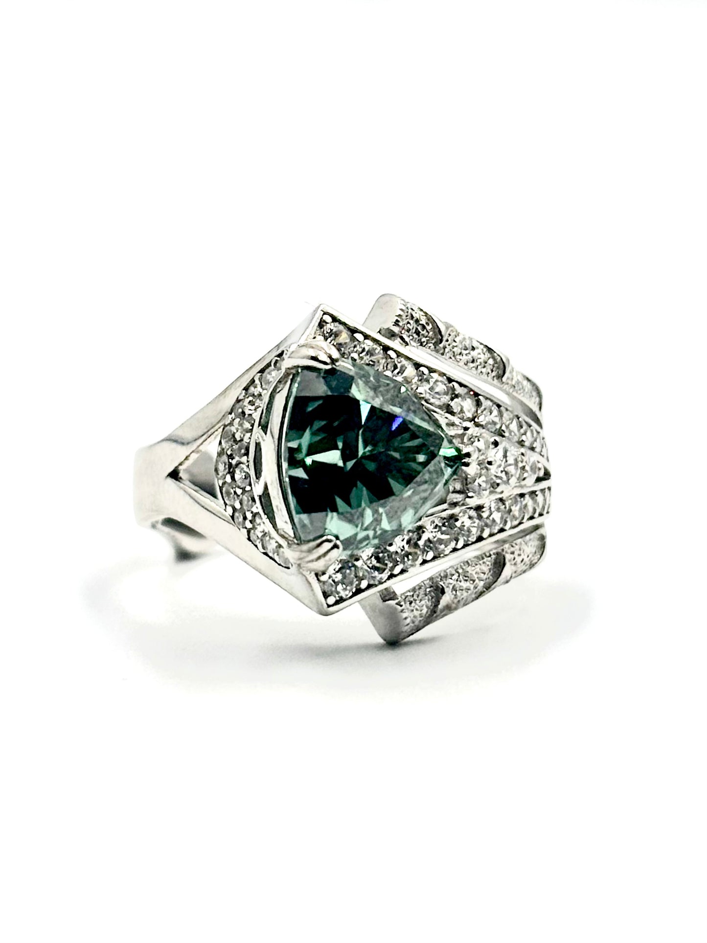 Cut Turquoise Moissanite Art Deco Sterling Silver Ring