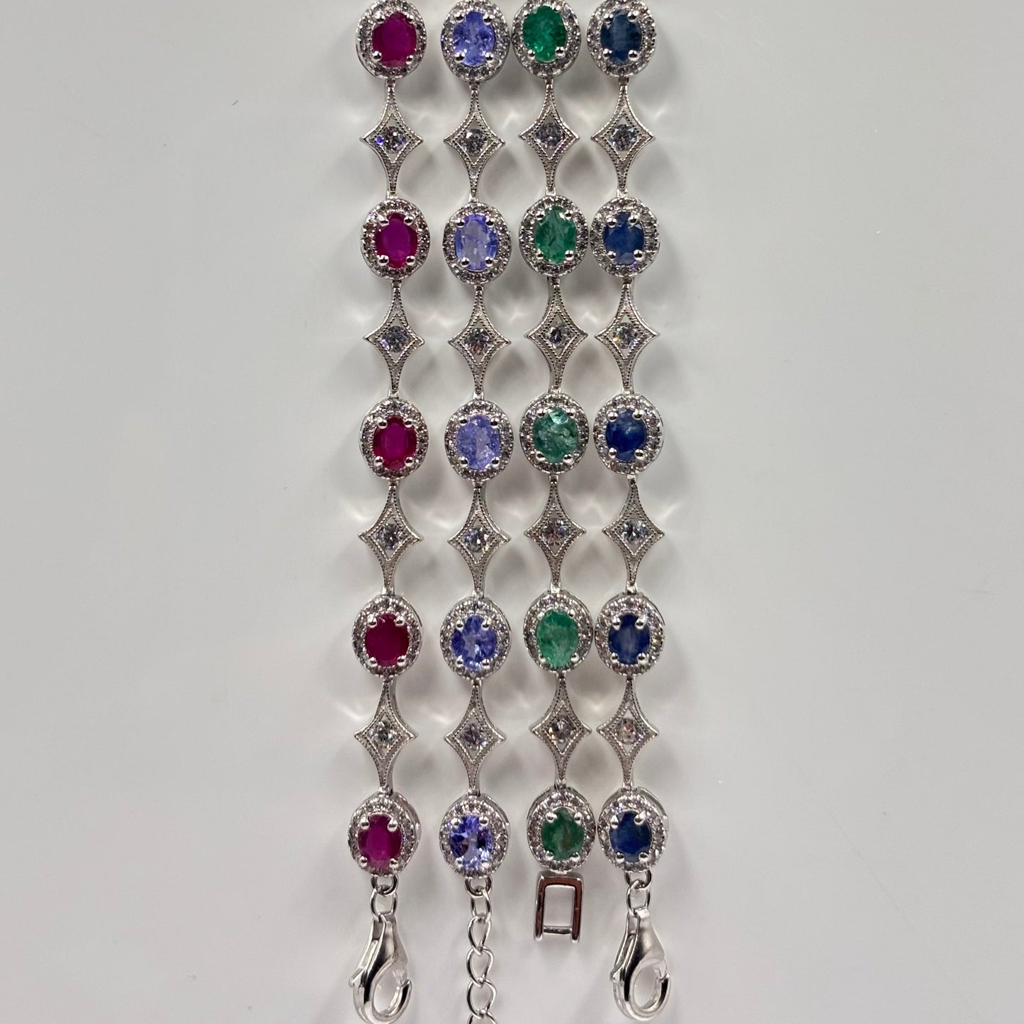 Sterling Silver Gemstone Bracelets
with Ruby, Emerald, Sapphire and Tanzanite