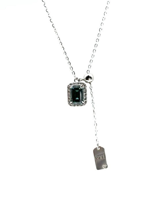 Sterling Silver Necklace with a Green Emerald Cut Moissanite Centred Stone