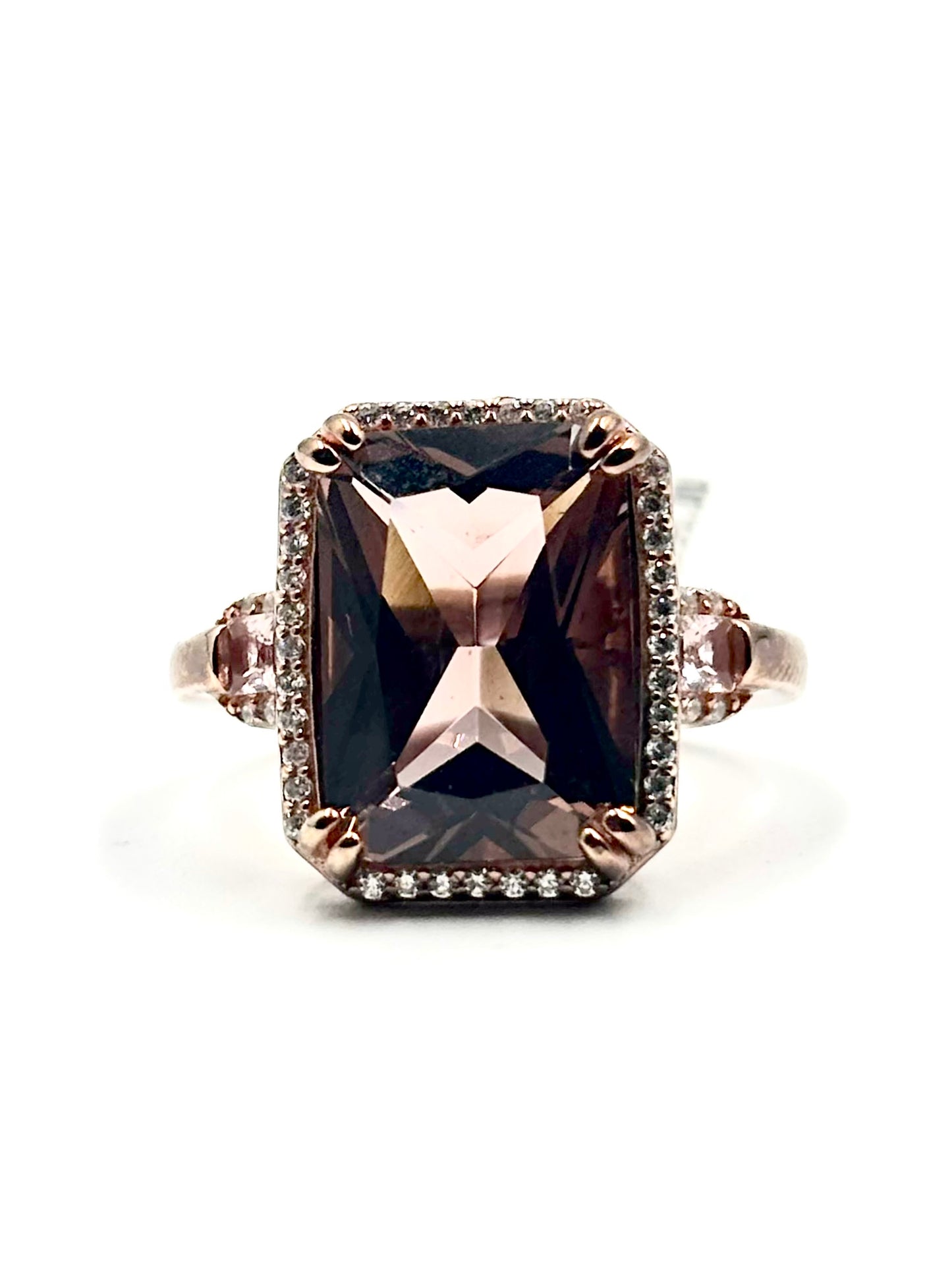 Emerald-Cut Created Morganite Halo Ring in Plated Rose Gold