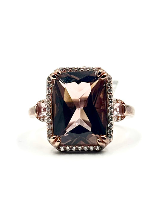 Emerald-Cut Created Morganite Halo Ring in Plated Rose Gold