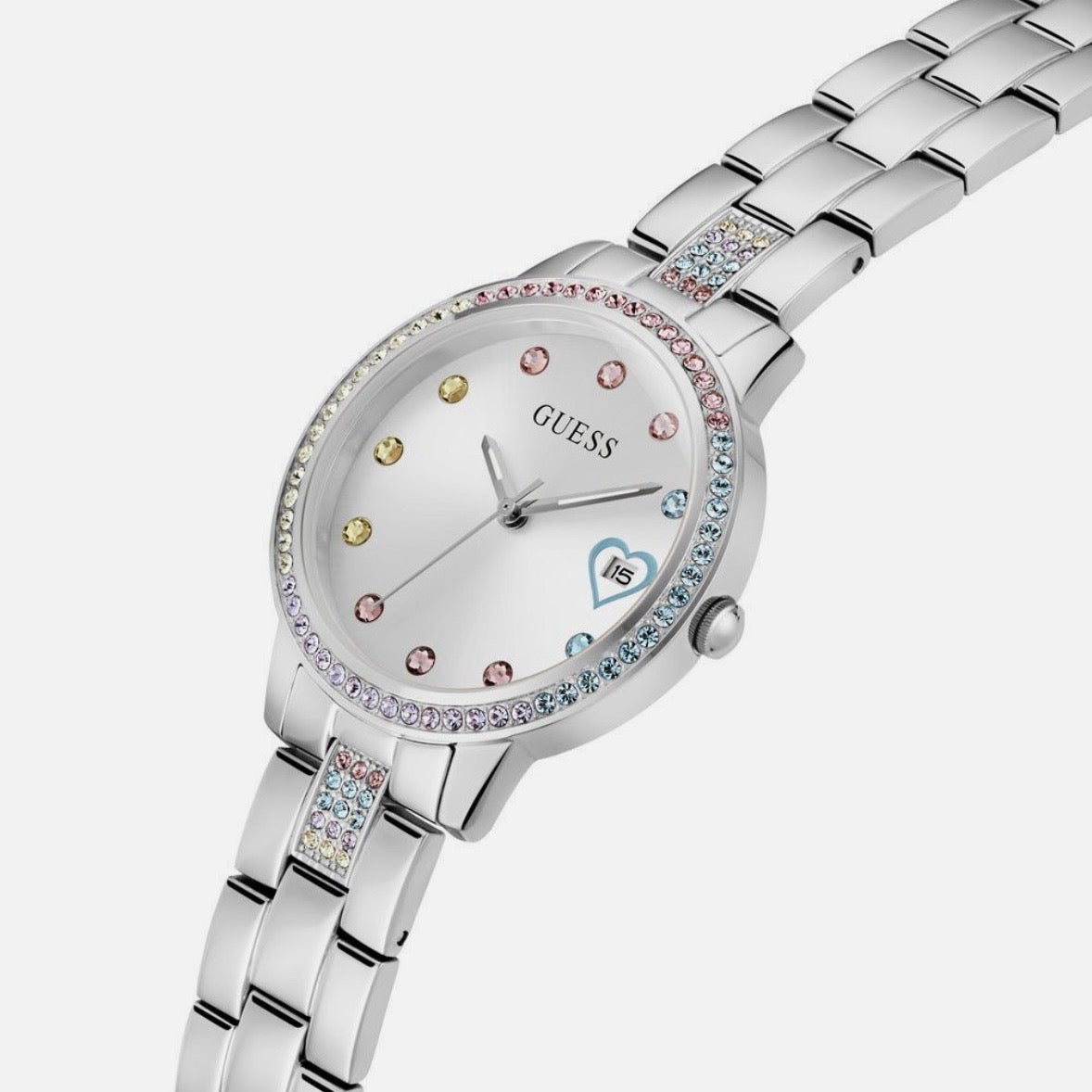 Guess Women Watch Bracelet THREE OF HEARTS Silver Stainless Steel