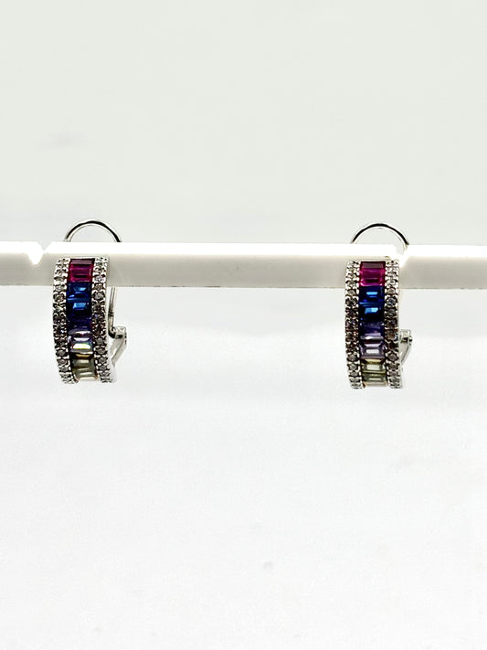 Sterling Silver Rainbow Baguette Hoop Earrings