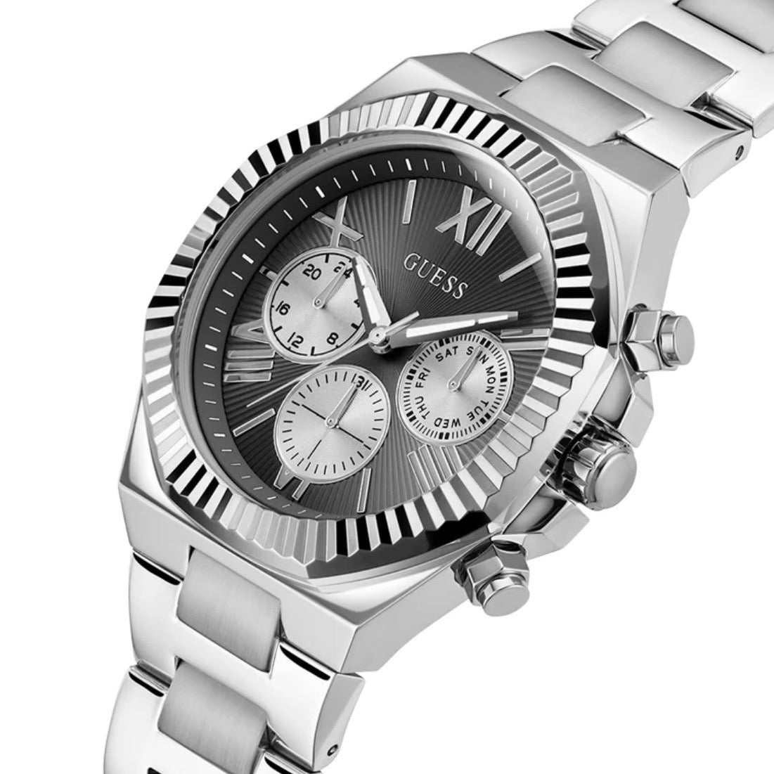 Guess Equity Mens Silver Tone Multi-function
Watch
