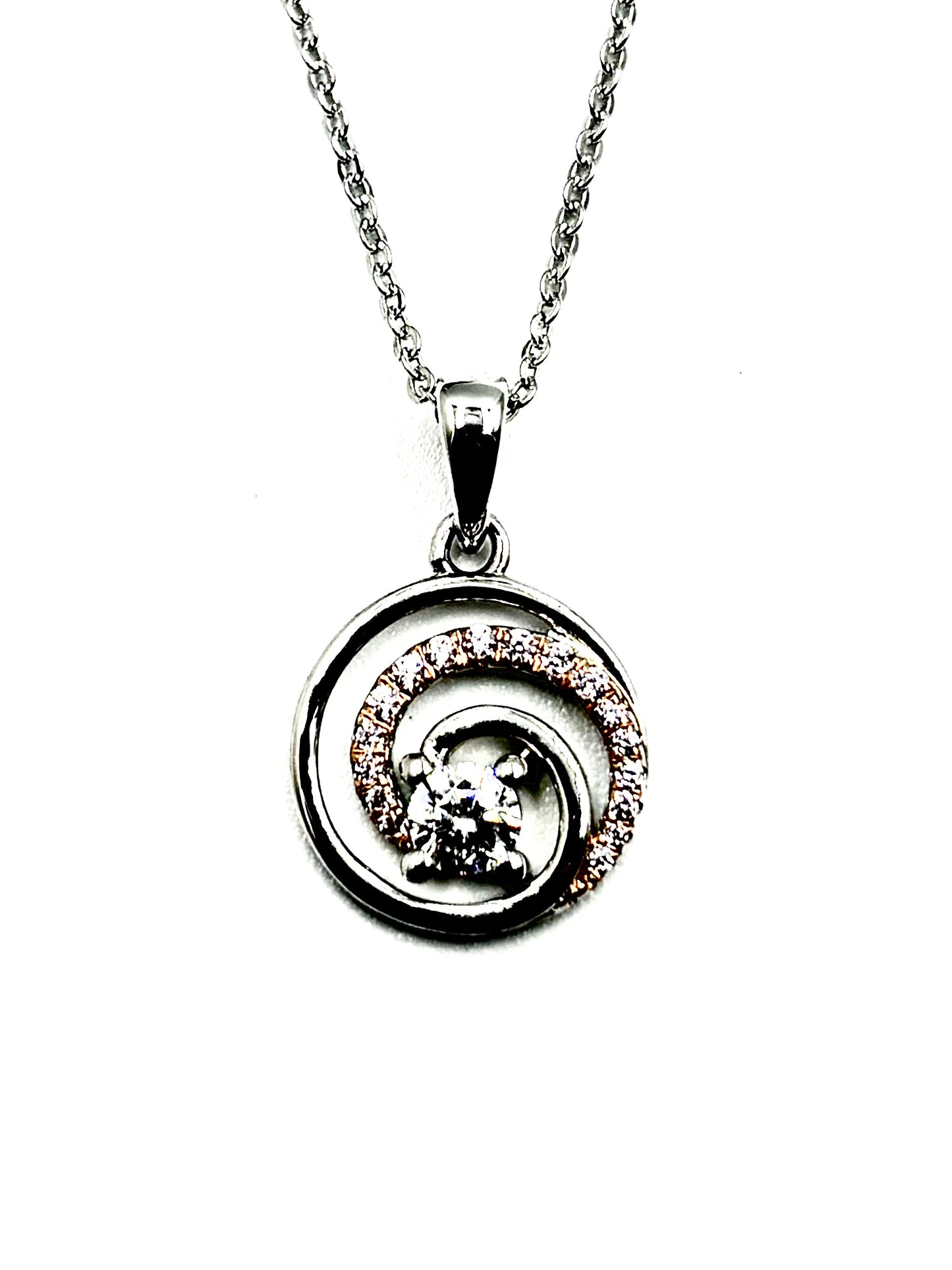 Two-Tone Spiral Halo Pendant Necklace in Sterling Silver