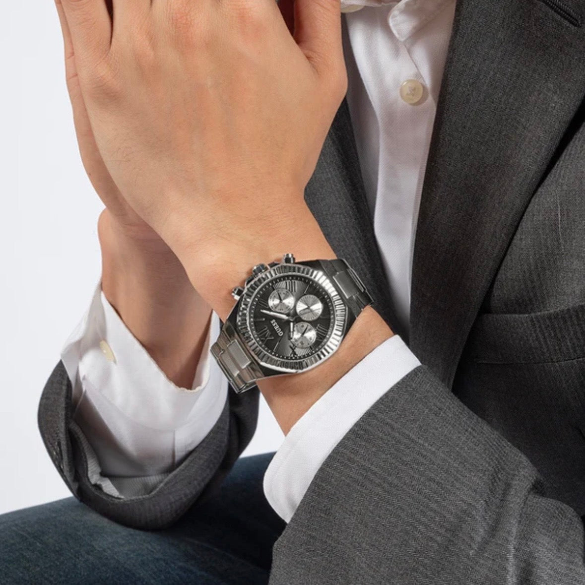 Guess Equity Mens Silver Tone Multi-function
Watch