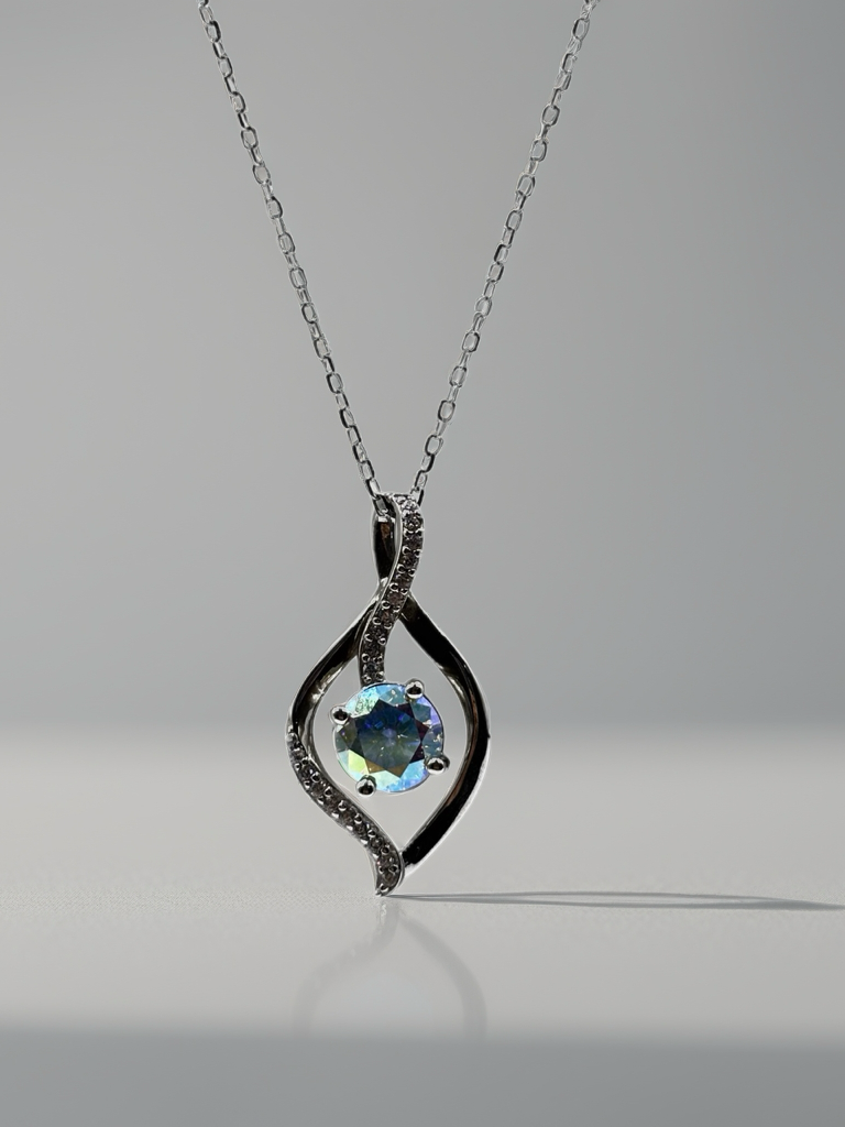 Sterling Silver Necklace set with a Rainbow Moissanite
