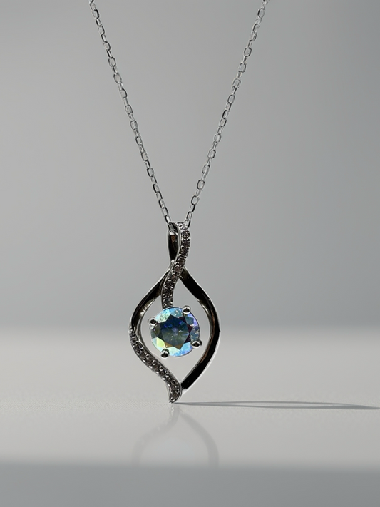 Sterling Silver Necklace set with a Rainbow Moissanite