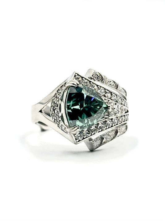 Cut Turquoise Moissanite Art Deco Sterling Silver Ring