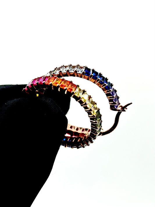 Rainbow Baguette Hoop Earrings in Rose Gold Plated Silver
