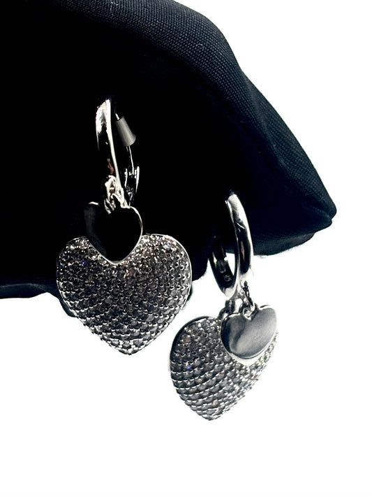 Sterling Silver Double Heart CZ Hoop Earrings