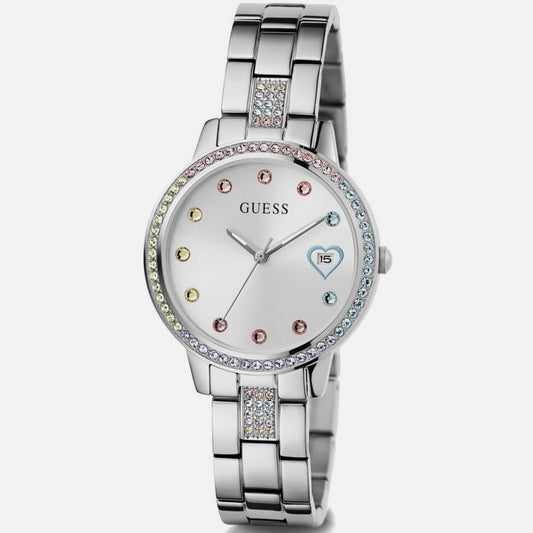 Guess Women Watch Bracelet THREE OF HEARTS Silver Stainless Steel