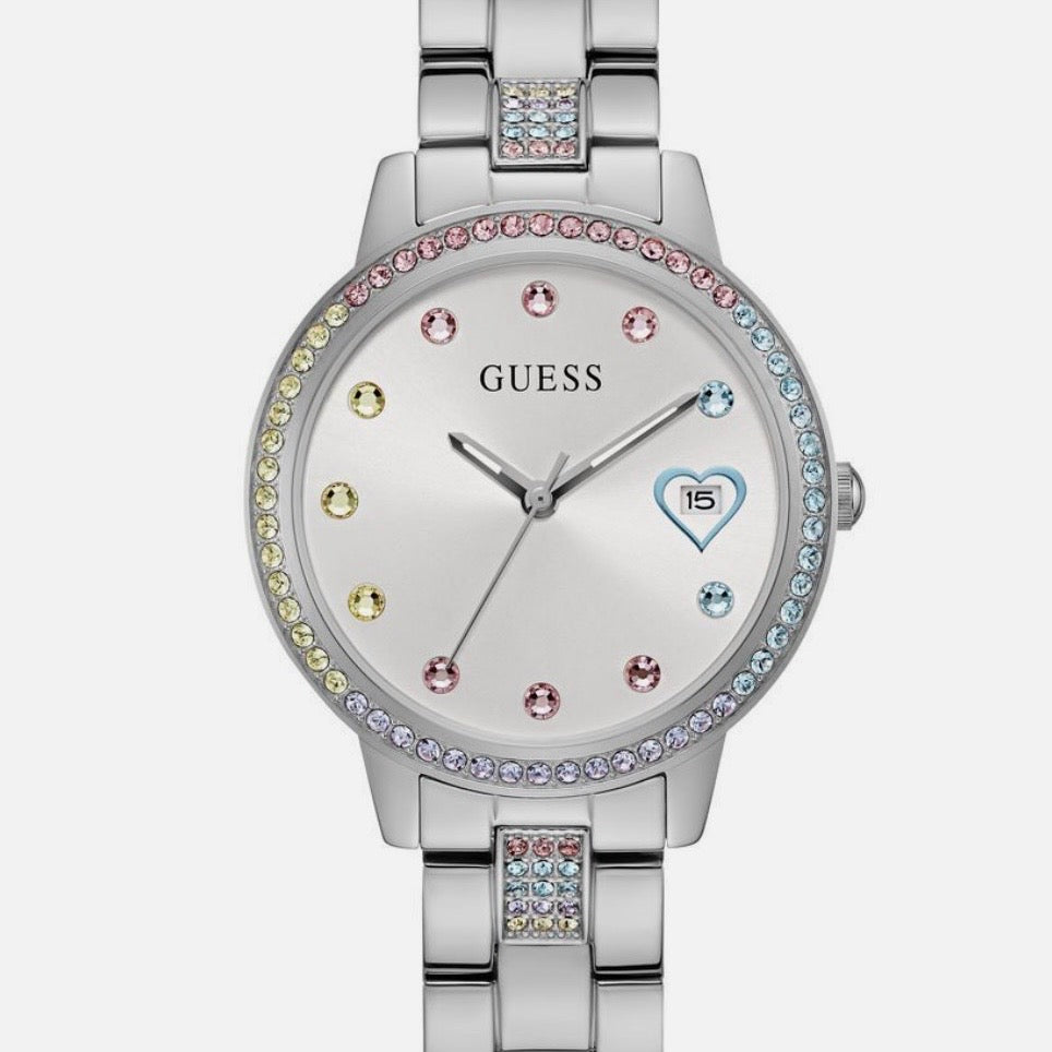 Guess Women Watch Bracelet THREE OF HEARTS Silver Stainless Steel