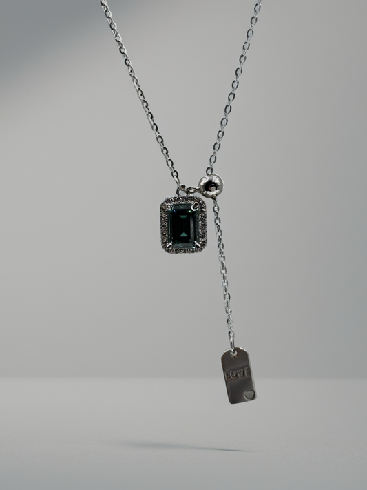 Sterling Silver Necklace with a Green Emerald Cut Moissanite Centred Stone
