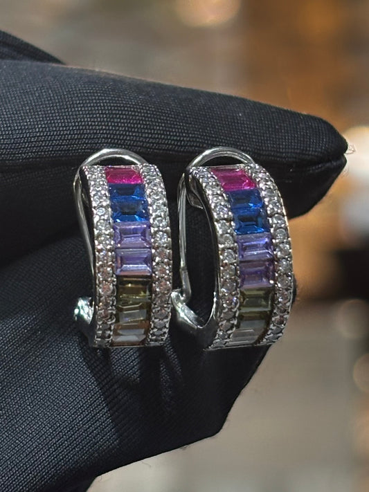 Sterling Silver Rainbow Baguette Hoop Earrings