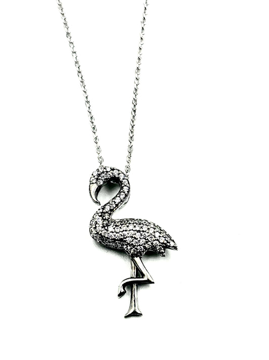 Pavé Flamingo Pendant Necklace in Sterling Silver