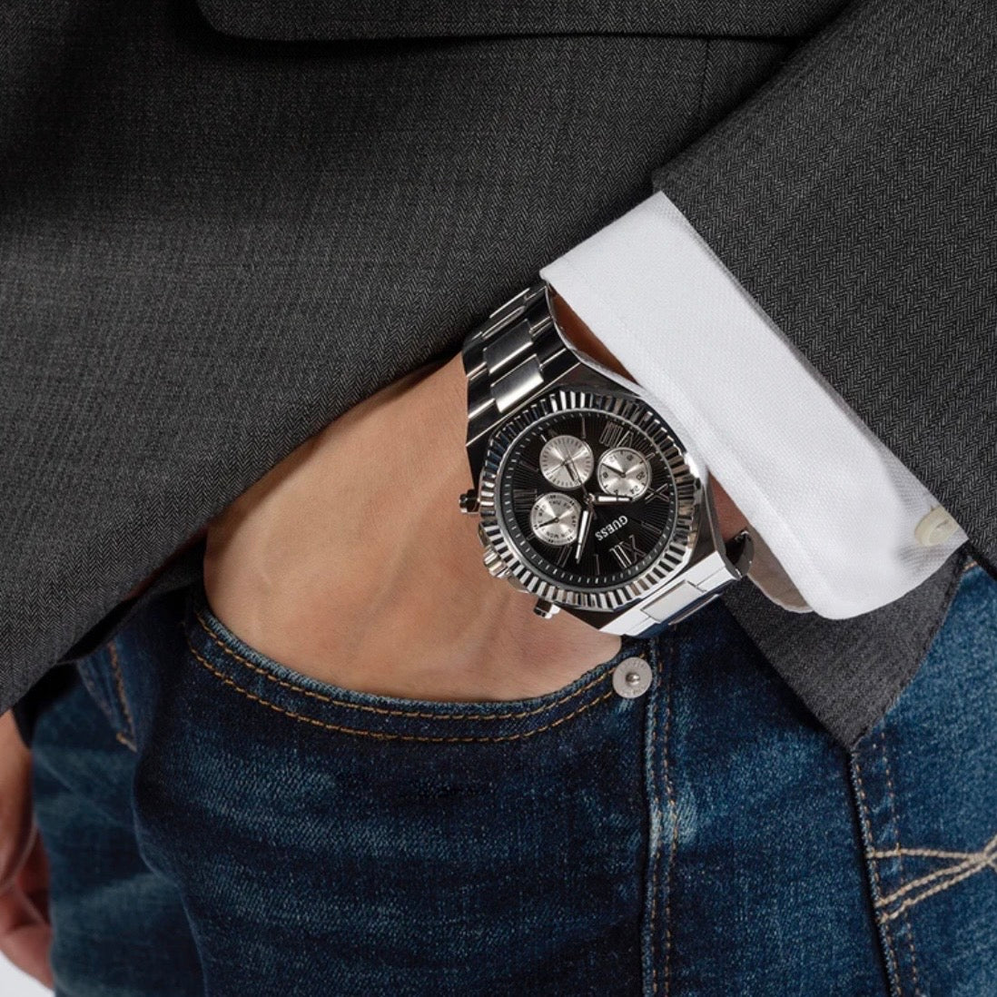 Guess Equity Mens Silver Tone Multi-function
Watch