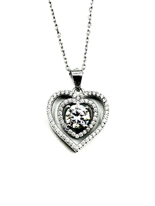 Double Halo Heart Pendant Necklace in Sterling Silver