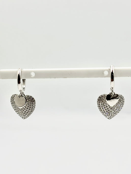 Sterling Silver Double Heart CZ Hoop Earrings