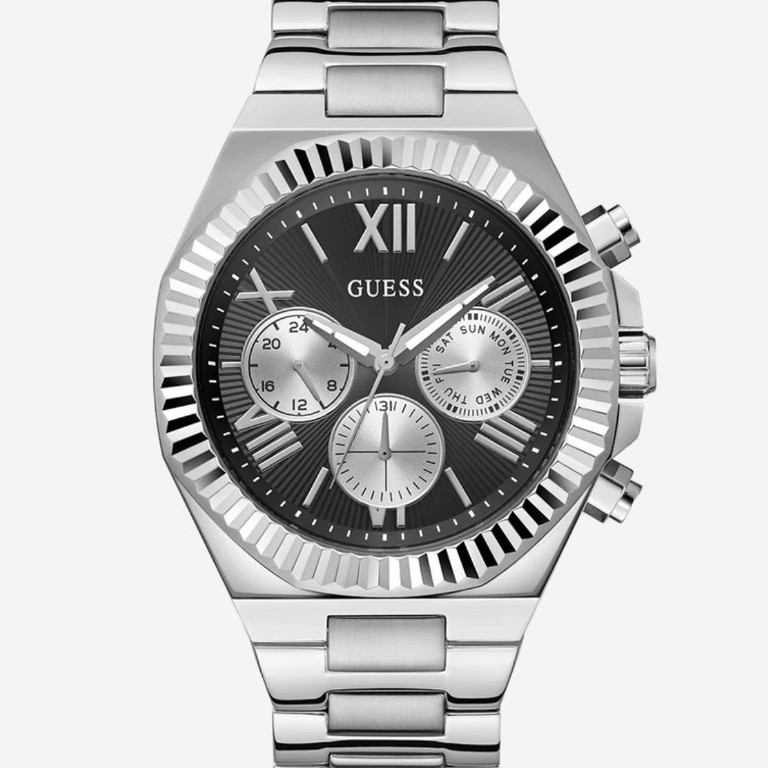 Guess Equity Mens Silver Tone Multi-function
Watch