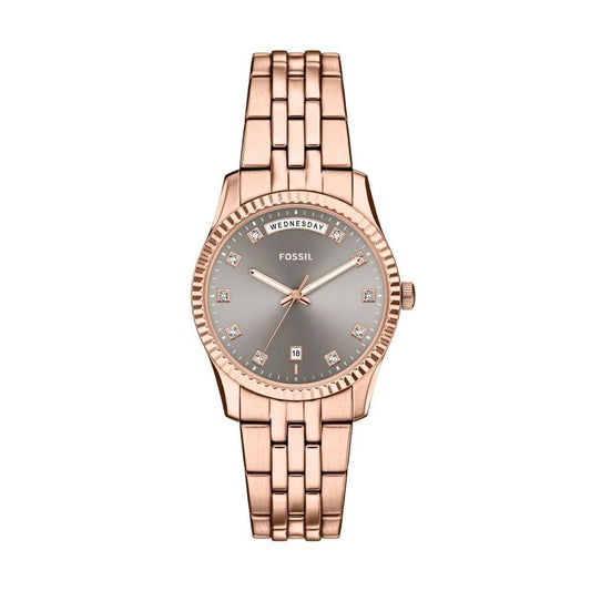Fossil Women’s Scarlette Three-Hand Day-Date Rose Gold-Tone Stainless Steel Watch