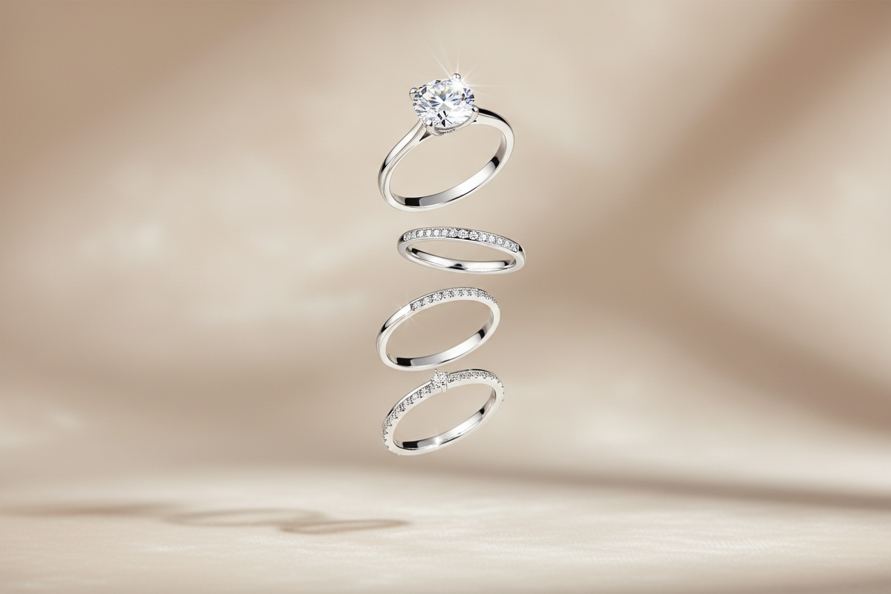 Aesthetic white gold rings with falling effect